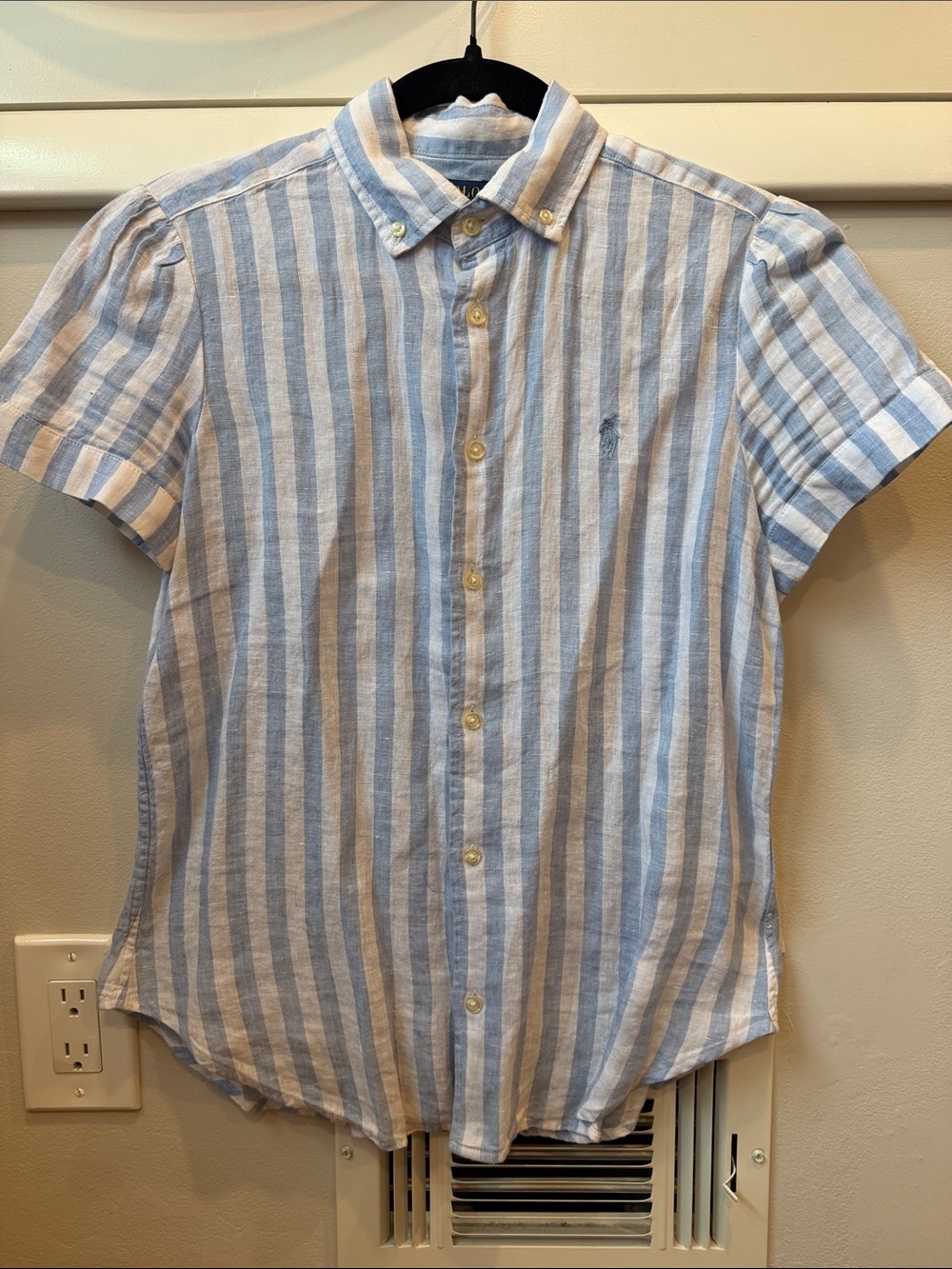 Women's Light Blue and White Striped Short-Sleeve Button-Down Shirt